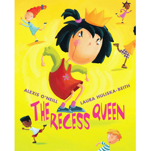 Book cover of 'The Recess Queen' with a cartoon girl in a crown on a yellow background.