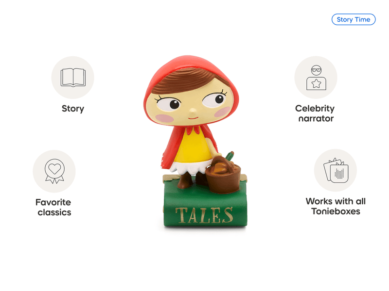 Tonies Little Red Riding Hood figure on green TALES base with feature icons