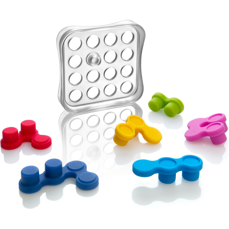 Reverso single player fidget puzzle by Smart Games showing clear board with colorful puzzles pieces on a white background.