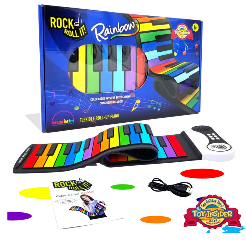 MukikiM Rock n Roll Rainbow flexible roll-up piano with colorful keys and accessories.