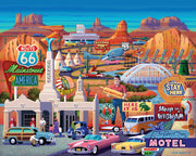 Route 66 puzzle artwork featuring vintage Americana scenes with classic cars and desert landscapes