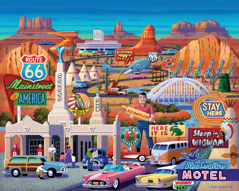 Route 66 puzzle artwork featuring vintage Americana scenes with classic cars and desert landscapes
