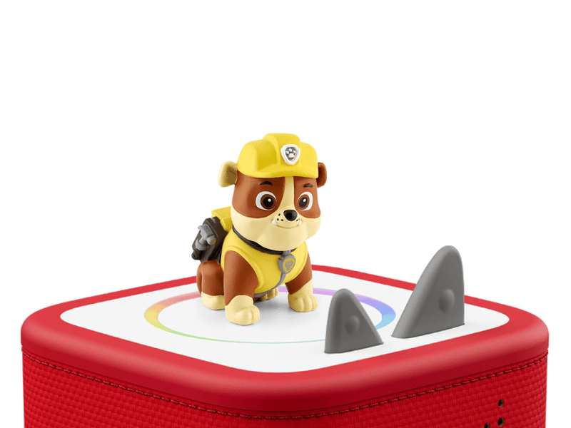 Paw Patrol Rubble Tonie figure in yellow construction gear on red Toniebox speaker