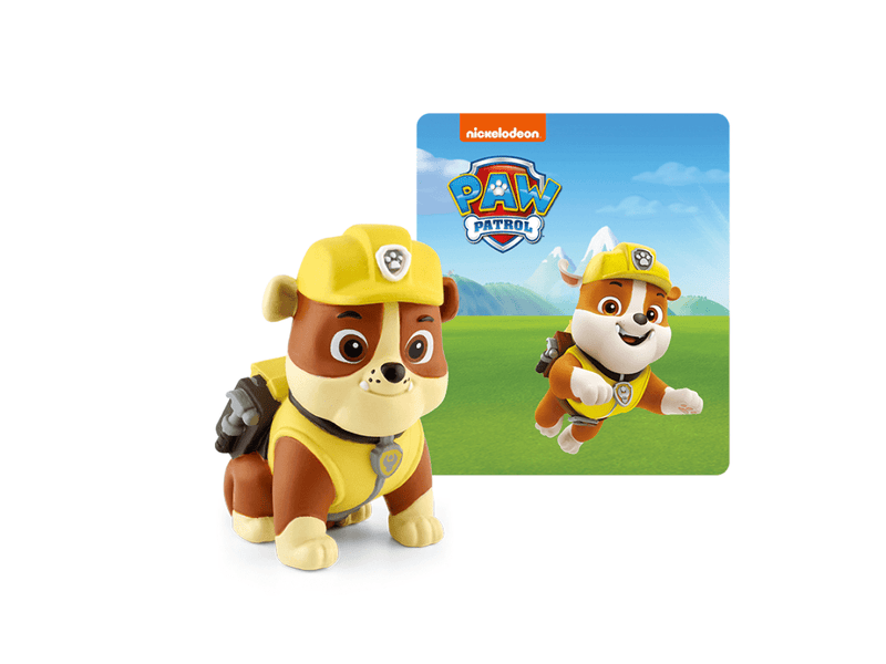 Tonie Paw Patrol Rubble figure with yellow construction helmet and packaging card