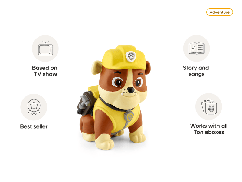 Paw Patrol Rubble Tonie figure in yellow construction outfit with feature callouts