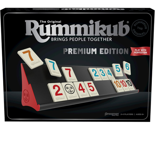 Rummikub premium edition packaging with tiles and stand on a dark background