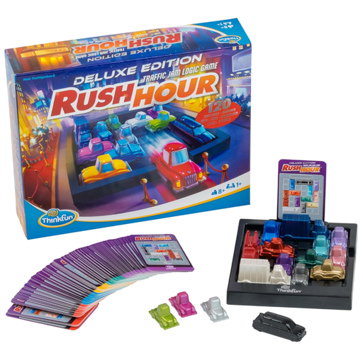 Rush Hour Deluxe logic puzzle game showing box packaging and game components.