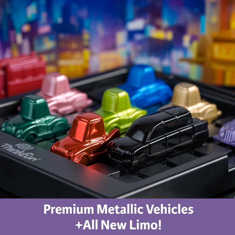 Colorful toy cars on the game board with a cityscape background, featuring ThinkFun branding.