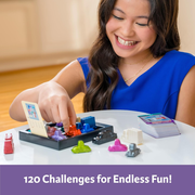 Girl playing Rush Hour Deluxe at a table, with text '120 Challenges for Endless Fun!'