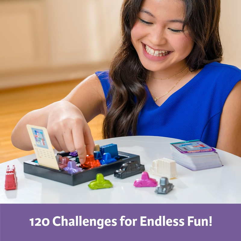 Girl playing Rush Hour Deluxe at a table, with text '120 Challenges for Endless Fun!'