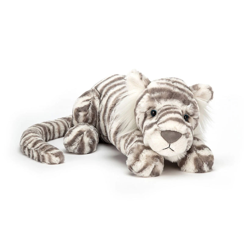 Jellycat Sacha Snow Tiger plush toy lying down on white background