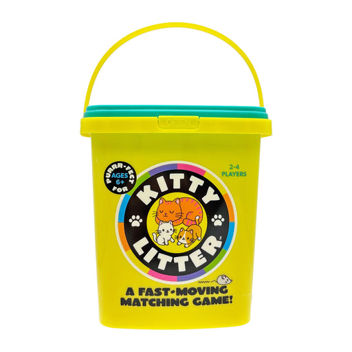 Yellow bucket container of Kitty Litter fast-moving matching game for ages 6+