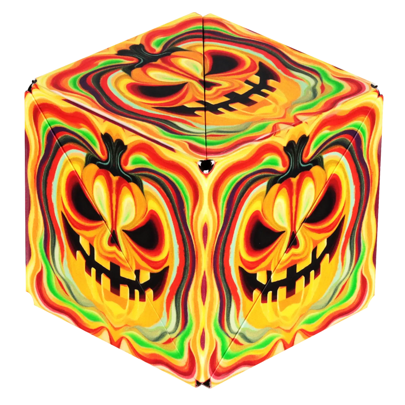 Shashibo Forest magnetic puzzle cube with swirling flame skull pattern in vibrant colors