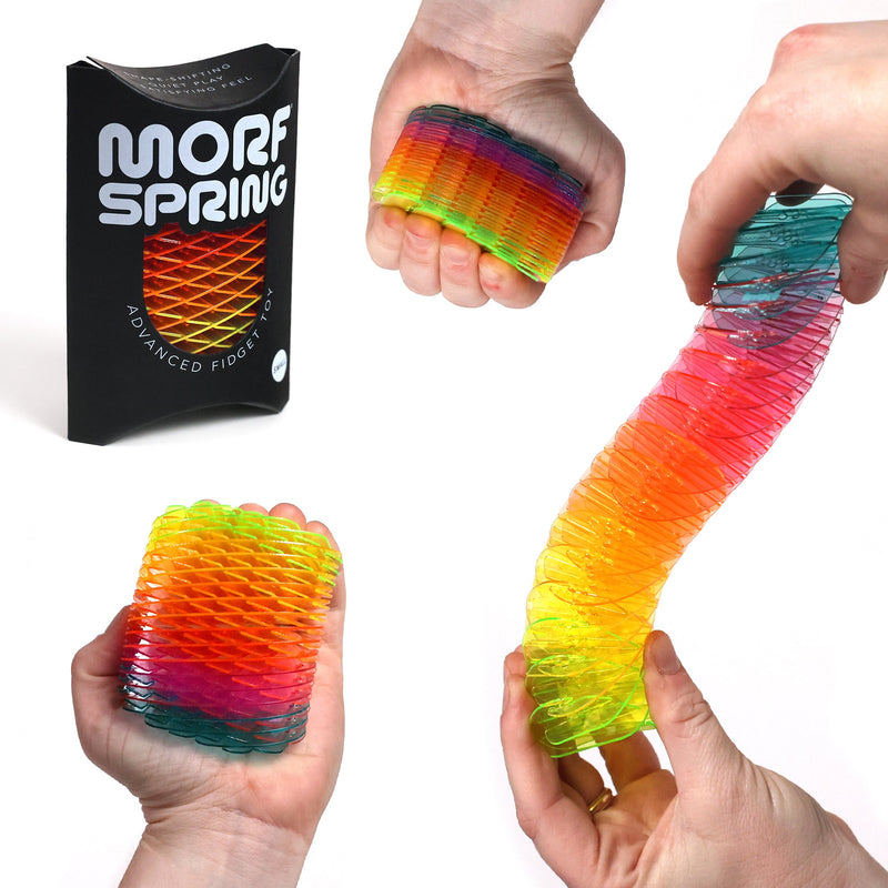 Rainbow multicolor Morf Spring fidget toy shown compressed, stretched, and in packaging