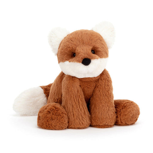 Jellycat Smudge Fox plush toy in brown and white on white background