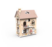 Wooden dollhouse with pink roof, floral decorations, and small doll figure inside