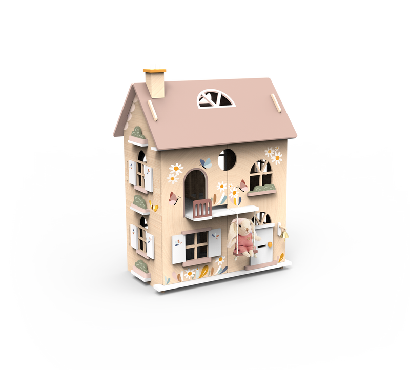 Wooden dollhouse with pink roof, floral decorations, and small doll figure inside