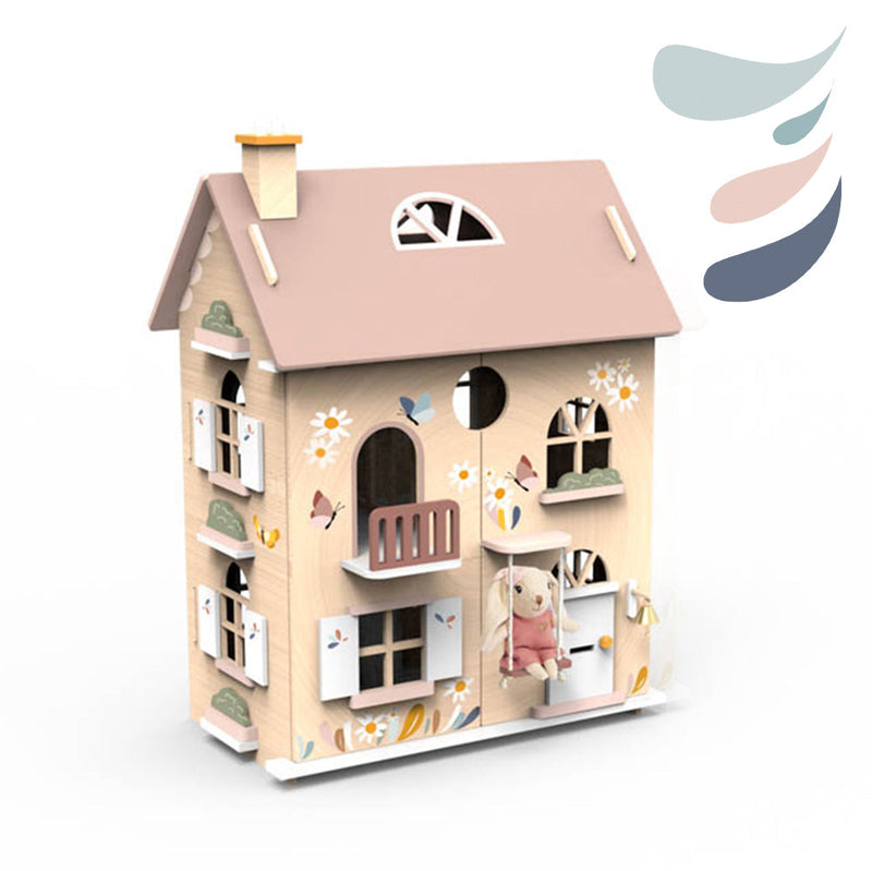 Wooden dollhouse with pink roof, floral decorations, multiple rooms, balconies, and small teddy bear figure