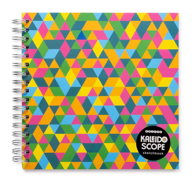 Kaleidoscope spiral-bound sketchbook with colorful geometric triangle pattern cover