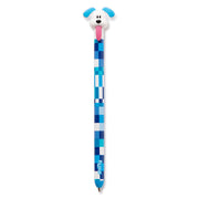 Snifty Tongue Tied dog topper pen with blue checkered pixel pattern body