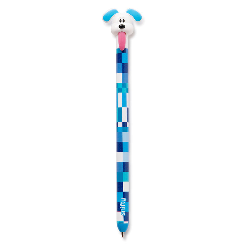 Snifty Tongue Tied dog topper pen with blue checkered pixel pattern body