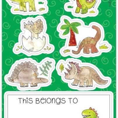 Dinosaur themed sticker sheet with various cartoon dinosaurs and name label