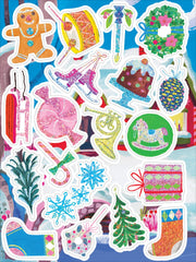 Holiday themed shiny stickers featuring gingerbread man, drum, ice skates, cake, pineapple and Christmas decorations