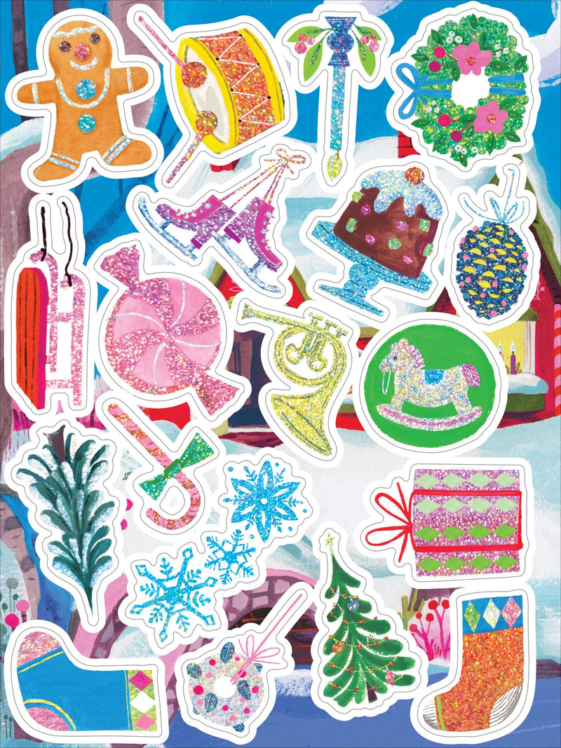 Holiday themed shiny stickers featuring gingerbread man, drum, ice skates, cake, pineapple and Christmas decorations
