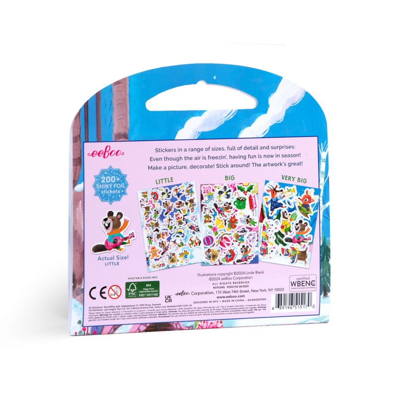 eeBoo Holiday in the Woods Shiny Stickers package showing 200+ foil stickers in three sizes