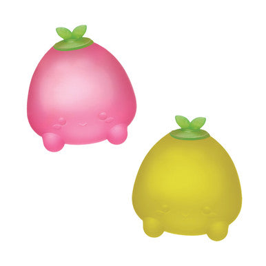 Two cute squishy fruit toys in pink and yellow with green leaves