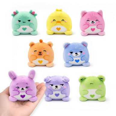 Collection of eight colorful mini plush toys with cute animal faces and heart designs