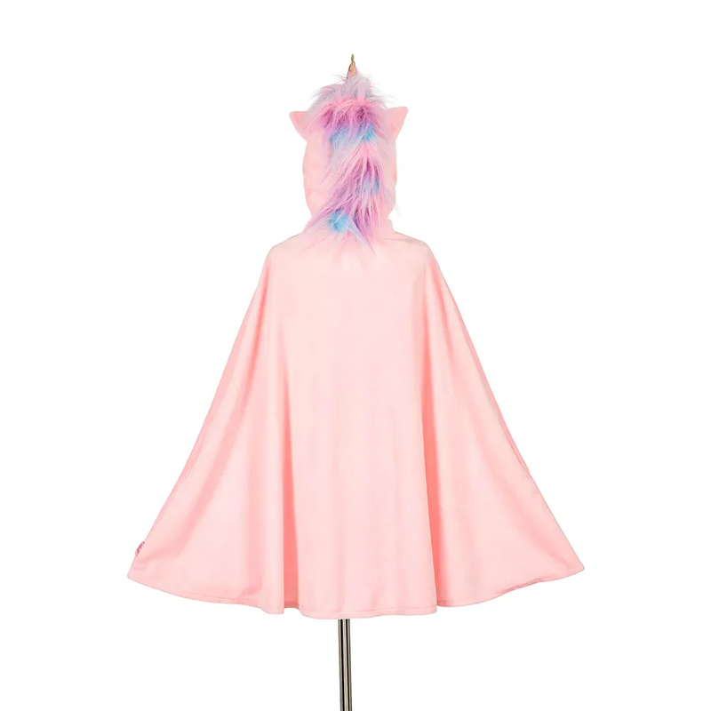 Pink unicorn cape with colorful mane and horn displayed on mannequin
