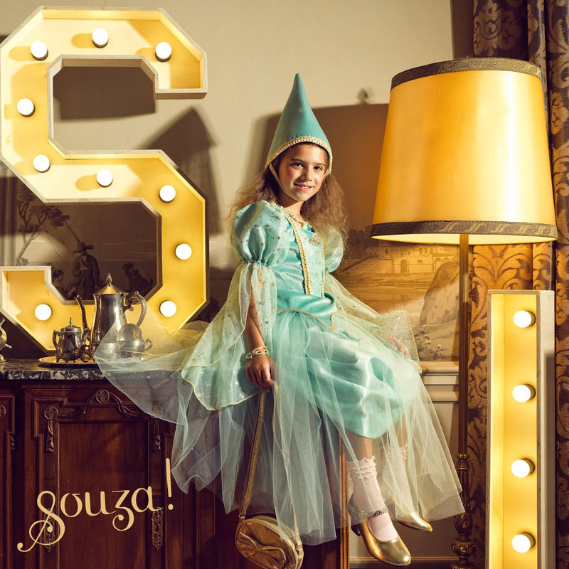 Girl wearing mint green Victoria princess dress with tulle layers and matching hat