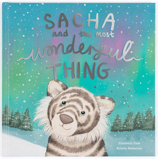 Book cover of 'Sacha and the Most Wonderful Thing' with a tiger illustration and snowy landscape.