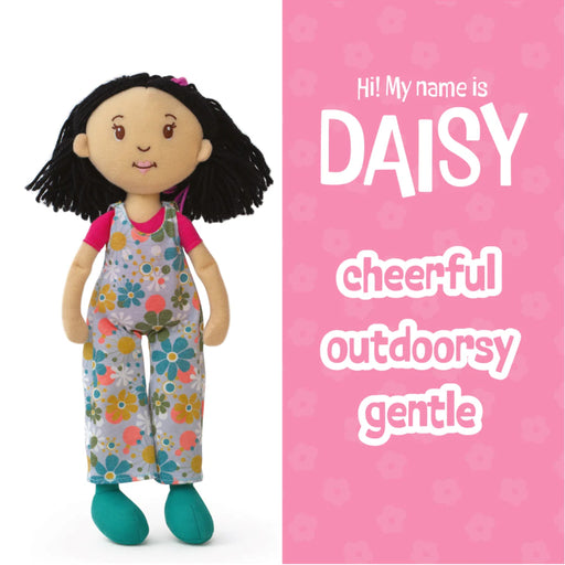 Doll with floral overalls on a pink background with text about the doll named Daisy.