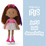 Groovy Girl Doll named Iris with brown hair and a pink outfit on a white background