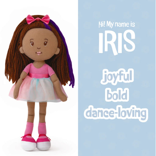 Groovy Girl Doll named Iris with brown hair and a pink outfit on a white background