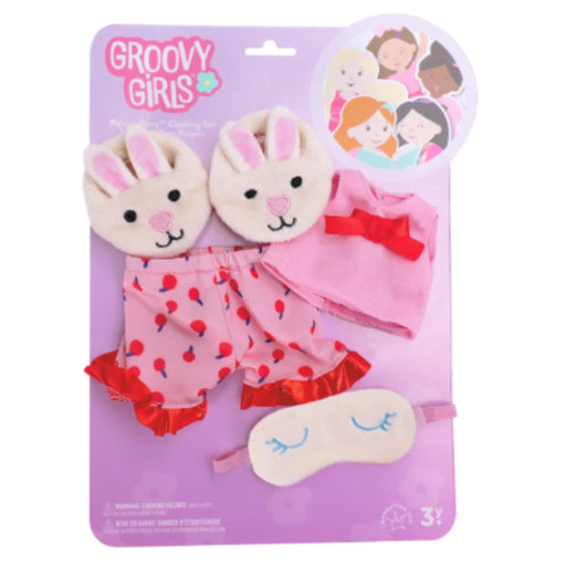 Groovy Girls doll pajama set in its original blister packaging, featuring a bunny-themed sleepwear outfit with a bunny face headband, pink bunny-print shorts with red ruffles, a pink bunny pajama top with a red bow, and a matching bunny sleep mask.