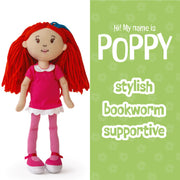 Groovy Girl plush doll with red hair and pink outfit on a white background with text about 'Poppy'.