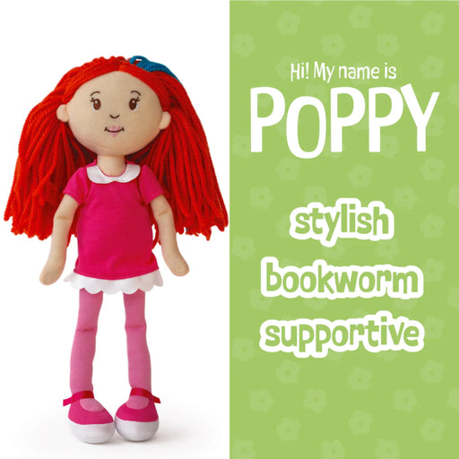 Groovy Girl plush doll with red hair and pink outfit on a white background with text about 'Poppy'.