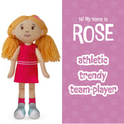 Groovy Girls Rose Doll with red dress on a pink and white background with golden hair.