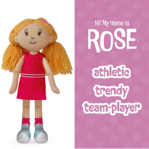 Groovy Girls Rose Doll with red dress on a pink and white background with golden hair.