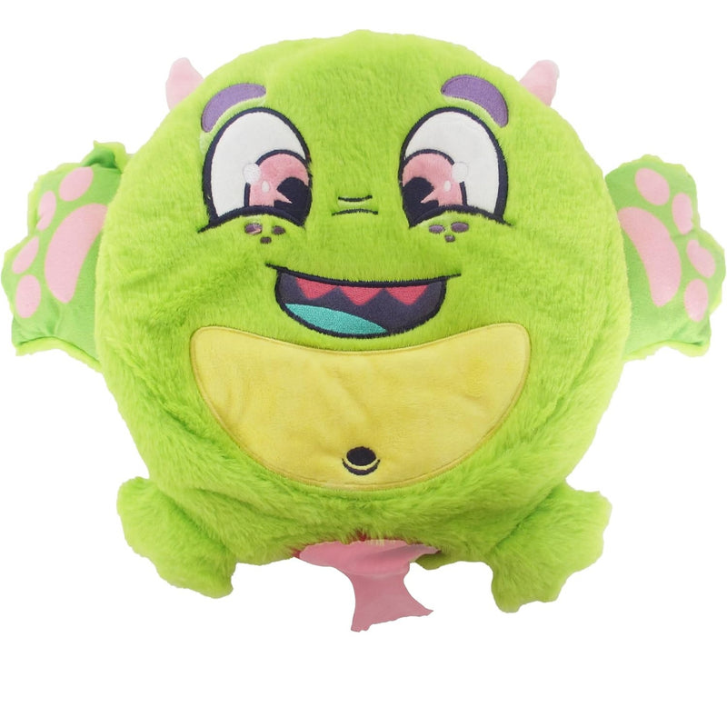 Picture of lime green scented (lemom-lime) plush Fart Monster on white background.  Name is Fizzler.  