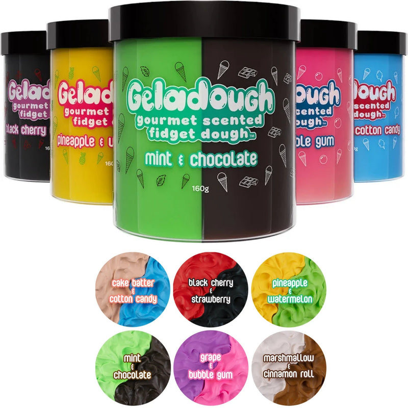 Six tubs of Geladough gourmet scented fidget dough are arranged in a row on a white background, with six circular flavor swatches below. The center tub is mint & chocolate, which is green and dark brown/black, while the surrounding tubs show other flavors in different colors including yellow, pink, blue, and black.