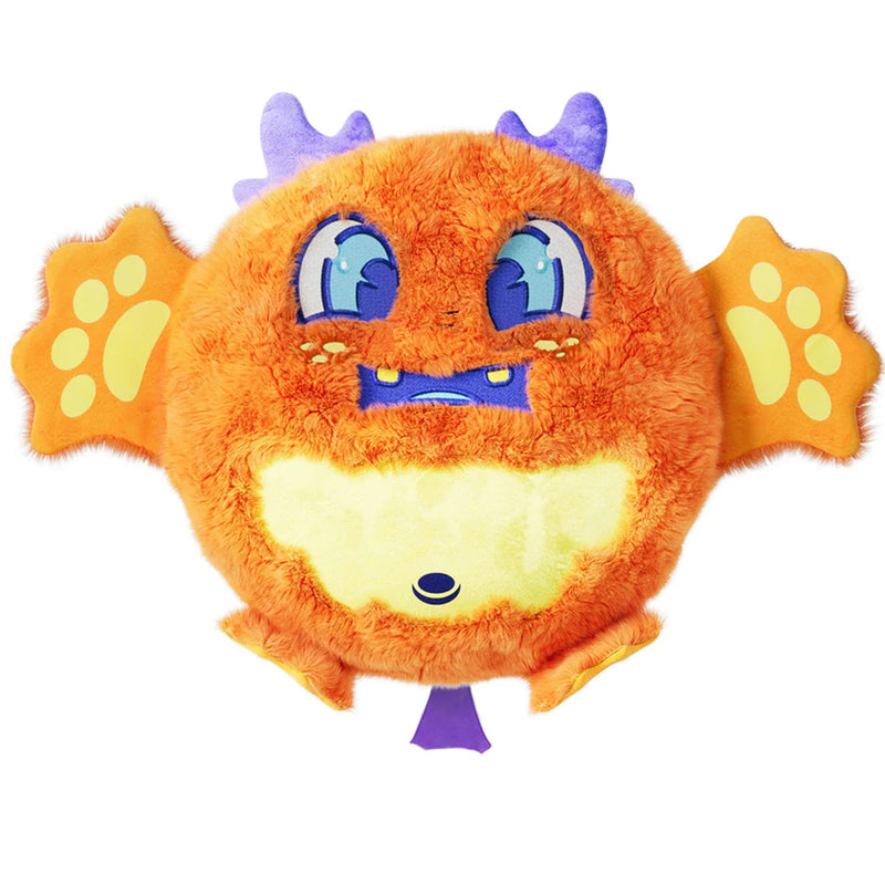 Orange fuzzy monster plush toy with yellow belly, big eyes, and a big open mouth smile.