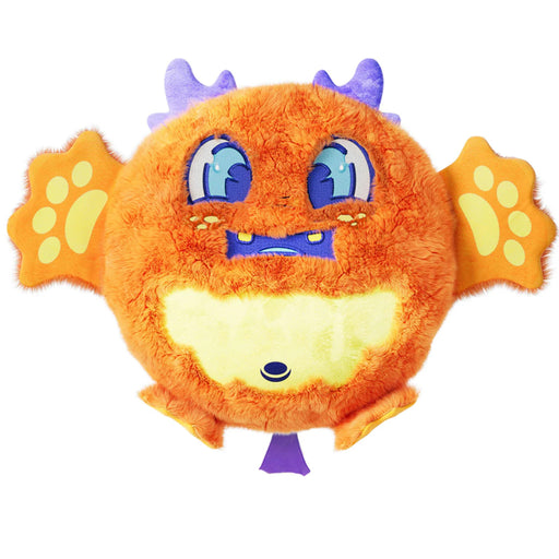 Orange fuzzy monster plush toy with yellow belly, big eyes, and a big open mouth smile.