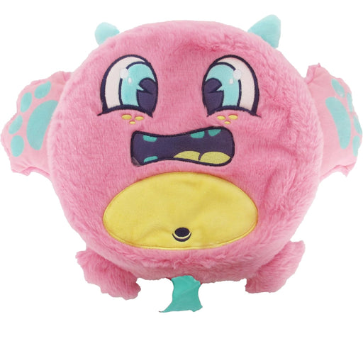Pink Fart Monster plush on a white background.  Name is Squeaky and has a bubblegum scent.