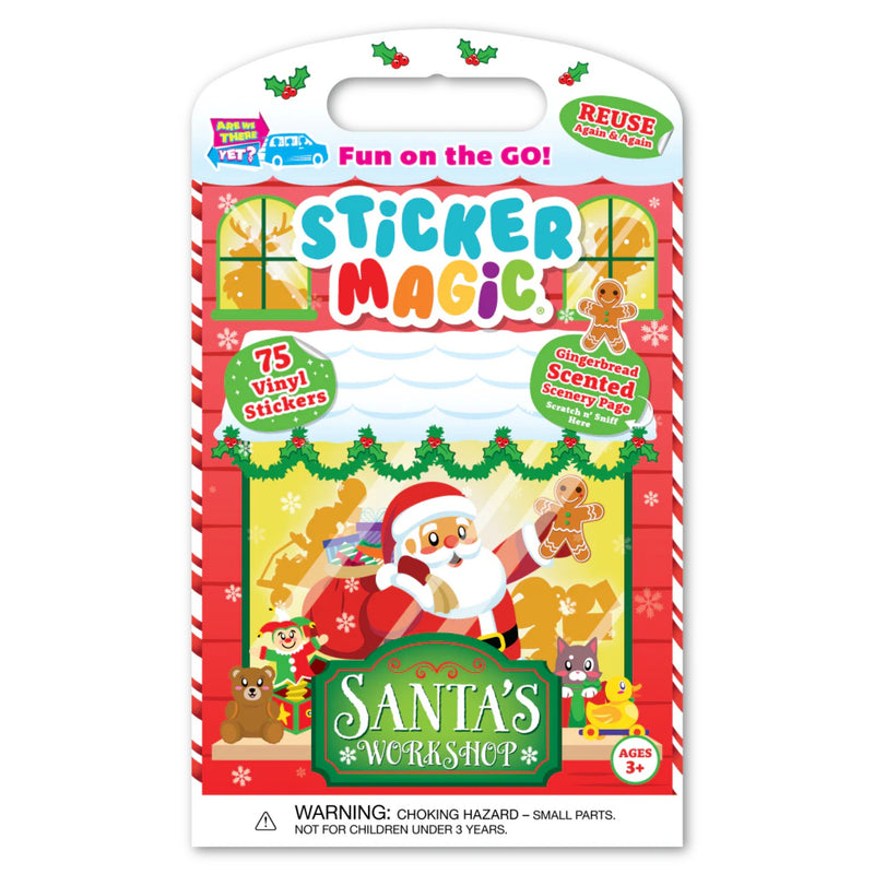 Santa's Workshop Sticker Magic sticker activity kit in retail packaging, featuring Christmas-themed illustrations of Santa, gingerbread men, and animals, with text highlighting 75 vinyl stickers and scented discovery stickers.