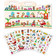 A colorful children's activity sticker book with an illustrated cover showing holiday scenes and vehicles, plus several fanned-out sheets of individual stickers below on a white background.