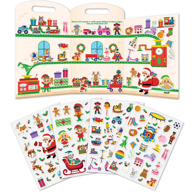 A colorful children's activity sticker book with an illustrated cover showing holiday scenes and vehicles, plus several fanned-out sheets of individual stickers below on a white background.